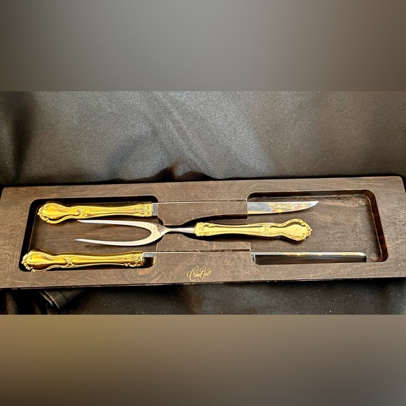 Carvel Hall Other - VTG Carvel Hall Gold Carving Set 3pc Mid Century Modern MCM Knife Fork Host Retr